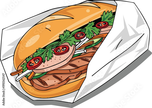Delicious Vietnamese Banh Mi Sandwich Wrapped in Paper.