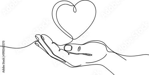 Continuous line drawing of hand holding heart, minimal love and care concept, charity and kindness symbol, romantic linear art