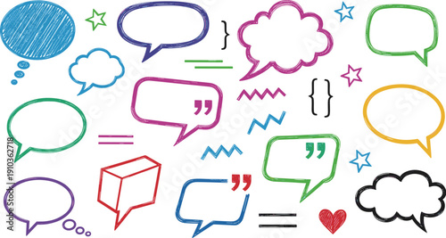 A vibrant collection of handdrawn speech bubbles, thought clouds, and quotation marks, isolated on white background, perfect for adding a playful touch to designs