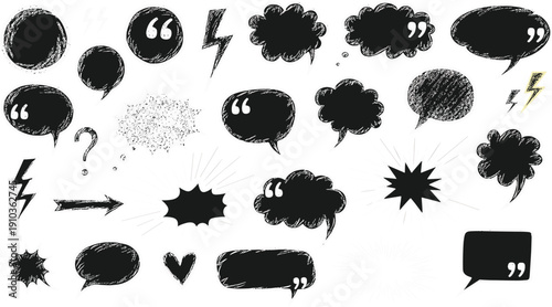 Collection of handdrawn speech bubbles and comic elements isolated on white background set of doodle style message clouds, lightning bolts, and other shapes