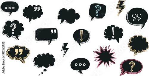 Collection of handdrawn speech bubbles and thought clouds with various symbols isolated on white background, ideal for creative projects and designs