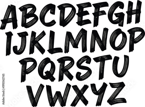 Handwritten alphabet isolated on white background featuring uppercase letters from a to z, created with a bold, rough brush for a unique and artistic look