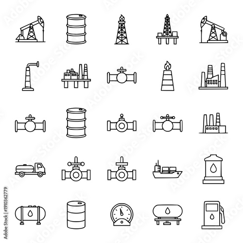 Oil Industry Linear Icon Set with Gas Production Transportation and Storage Outline Vector