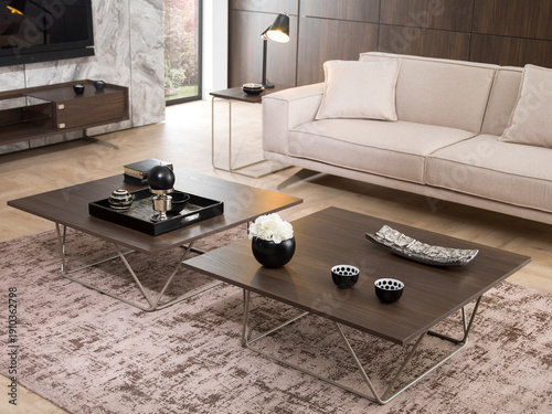 modern interior with stone wall decoration and special design lamp, sofa and parquet. decorative background for home, hotel, office