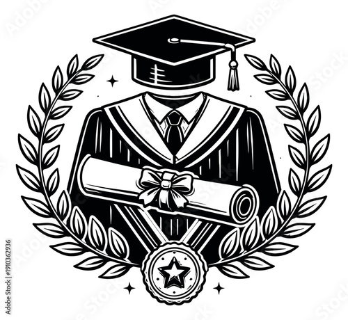 Hand drawn style illustration of a graduation emblem depicting a mortarboard, robe, diploma, and medal for academic success and commencement