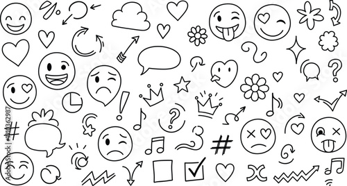 Handdrawn doodle elements isolated on white background featuring a variety of expressive faces, hearts, stars, and symbols, perfect for adding a playful touch to designs