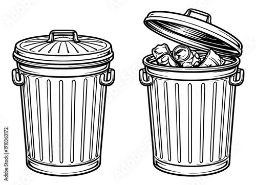 Hand drawn line art trash cans set featuring a closed bin and an open bin filled with garbage for waste management concepts