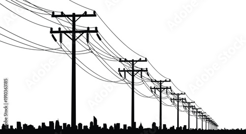 Silhouette of utility poles and power lines above city skyline, monochrome urban electricity distribution infrastructure industrial illustration concept