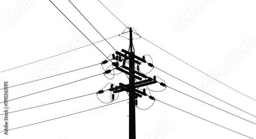 Silhouette of single utility pole with power lines crossing sky, monochrome electricity distribution infrastructure minimal industrial illustration concept