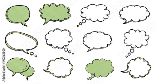 Hand drawn vector speech and thought bubbles. Sketchy callout elements for dialogue and communication. Imperfect doodle shapes isolated on white background