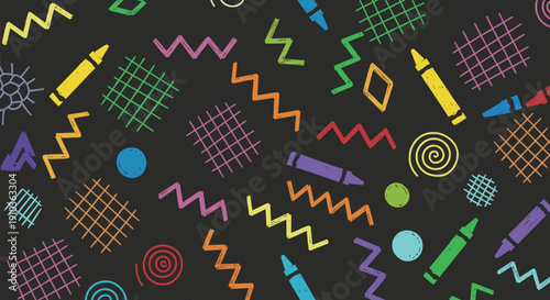 Vibrant and playful seamless pattern featuring colorful crayons, zigzags, grids, and geometric shapes scattered across a dark background, creating a fun design