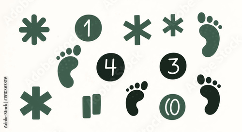 Hand drawn footnote symbols and icons. Imperfect organic vector illustration set. Green asterisks numbers and footprints for planners and journals