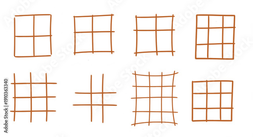 Hand drawn vector grid and table templates. Brown sketchy line art structures. Imperfect organic doodle elements isolated on white