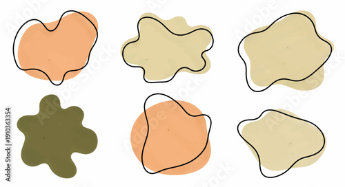 Organic vector shapes with offset outlines. Minimalist hand-drawn blob collection. Abstract design elements in earth tones isolated on white background