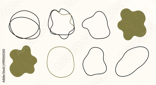 Organic hand-drawn shapes and line art outlines. Minimalist vector illustration set. Abstract blobs and irregular circles isolated on white background