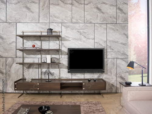 modern interior with stone wall decoration and special design lamp, sofa and parquet. decorative background for home, hotel, office