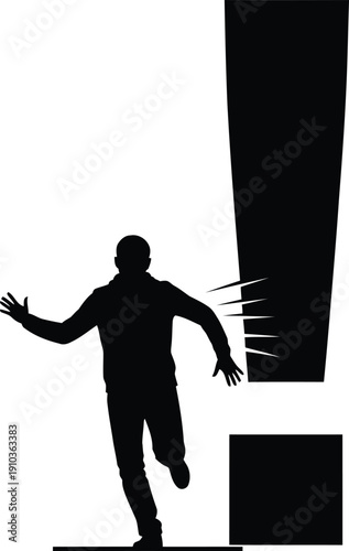 Silhouette of a man running in panic from a large exclamation mark symbol.