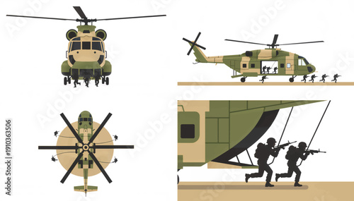 Military transport helicopter and soldiers set. Flat design vector illustration of troops deployment. Army aircraft silhouettes isolated on white background