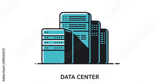 Data center server racks illustration. Flat design vector graphic for cloud hosting and network infrastructure. Isolated on white background