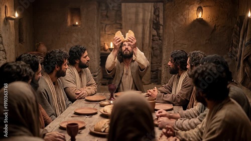 Jesus Christ breaking bread and looking up, first communion at a historical dinner. Christian historical event.