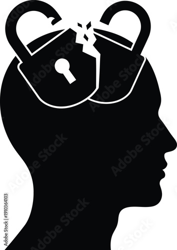 Conceptual illustration of unlocking the mind with a broken padlock.