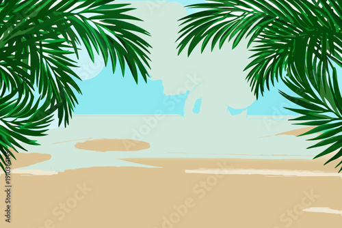 Tropical beach scene framed by lush green palm leaves and blue sky