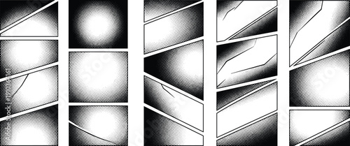Manga Comic Book Page Layout Templates, Abstract Halftone Screentone Vector Illustration, Dynamic Action Background Panels for Graphic Novels Art