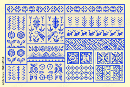 Blue and white decorative tile pattern with floral and animal motifs