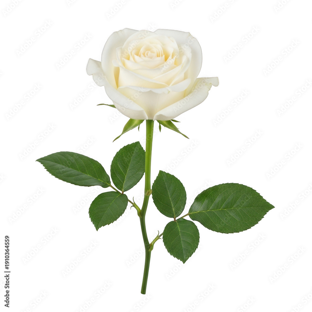 Obraz premium A single white rose with green leaves and a visible stem isolated on transparent background