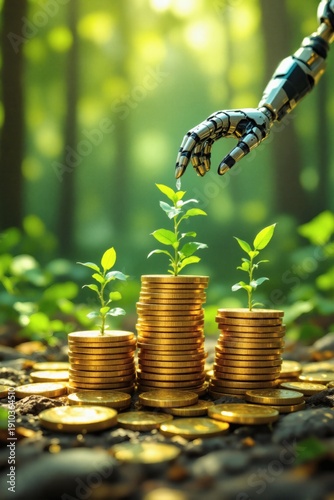 Robotic arm waters growing seedlings atop stacks of gold coins in a bright forest