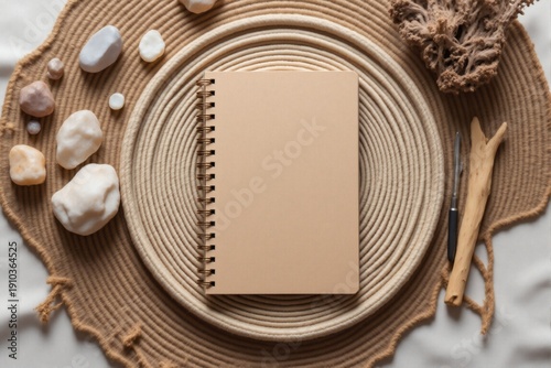 Top view of a blank beige spiral notebook on woven placemats with stones and wood accents