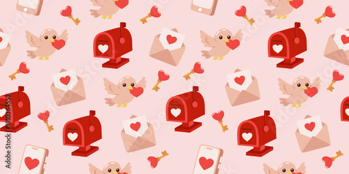 Seamless Valentine Message Pattern – Love Letters, Mailbox and Smartphone Romantic Vector Background