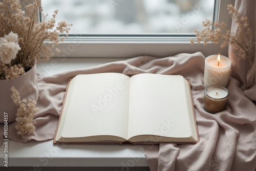 Open blank book rests on windowsill beside lit candles and dried flowers arrangement