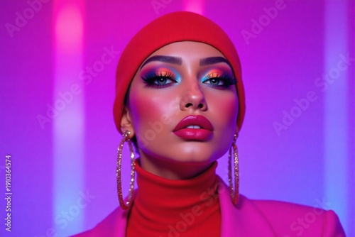 Woman's face close up with dramatic colorful makeup and red headwear against neon light