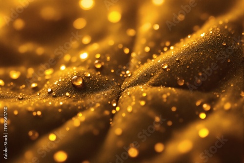 Macro shot of water droplets on a textured golden leaf surface with bright bokeh lights