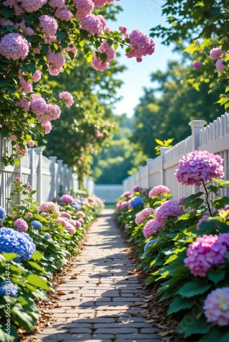 Vibrant pink and blue hydrangea bushes line a sunny brick pathway beside a white picket fence