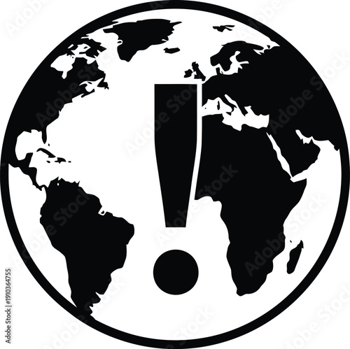 Global warning icon with planet Earth and an exclamation mark.
