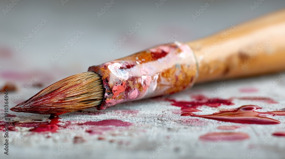 Fototapeta premium Close-Up of Paintbrush with Red Paint Stains on Canvas Surface in Artistic Studio Setting