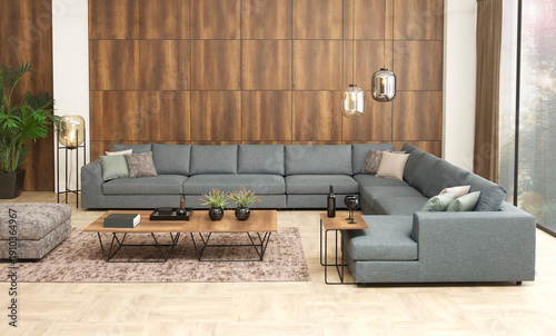modern interior with stone wall decoration and special design lamp, sofa and parquet. decorative background for home, hotel, office