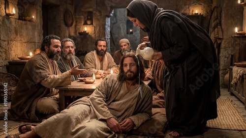 A woman anoints a man, Jesus Christ, with oil, while disciples and Pharisees watch the scene around the table in the house of the Pharisee Simon. A Gospel event.