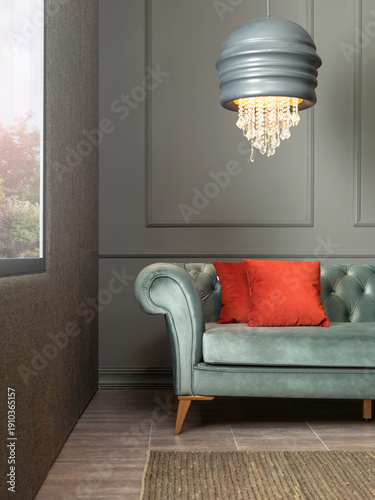 modern interior with stone wall decoration and special design lamp, sofa and parquet. decorative background for home, hotel, office