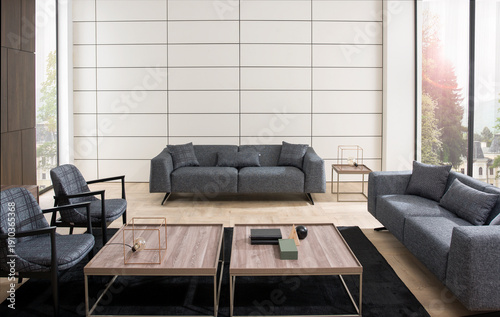 modern interior with stone wall decoration and special design lamp, sofa and parquet. decorative background for home, hotel, office