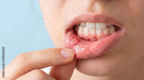 Close-up of a painful canker sore (aphthous ulcer) on the lower lip, indicating oral health issues or discomfort