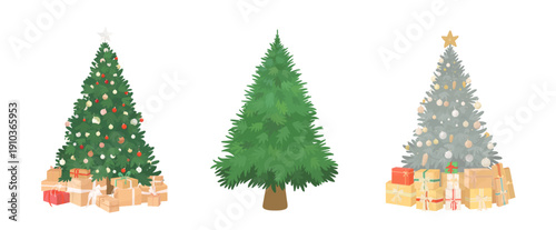 Cartoon Christmas tree with garland, balls, toys and presents. Vector hand drawn Christmas trees character illustration set isolated on white background. Merry Christmas and happy New year.