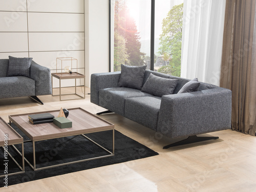 modern interior with stone wall decoration and special design lamp, sofa and parquet. decorative background for home, hotel, office