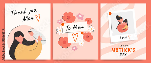 Happy Mother’s Day greeting card set with. Cute mom daughter and son illustration. Vector in flat style