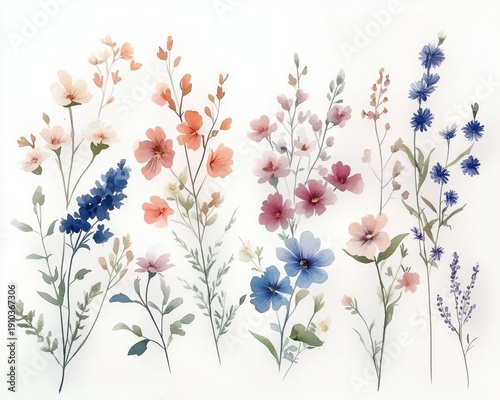 Delicate watercolor wildflower stems in pastel pink, blue and lavender with soft green leaves, an airy botanical arrangement evoking calm springtime serenity