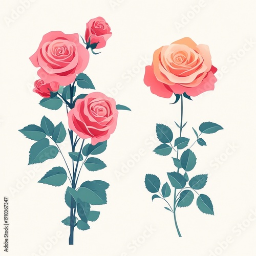 Two elegant pink and peach roses with green stems and leaves on a pale background, delicate romantic floral illustration