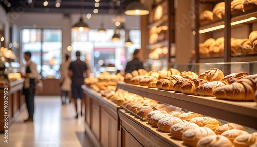 Bakery Interior with Fresh Bread Display and Customers.
