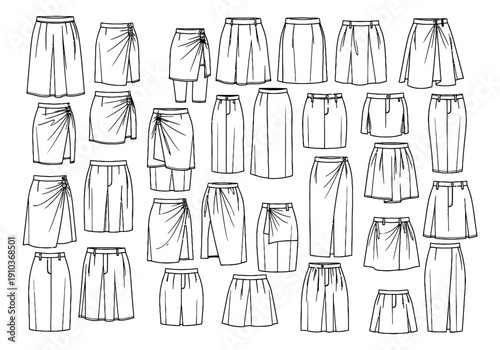 Minimalist line art fashion skirt set featuring different styles and lengths for garment design